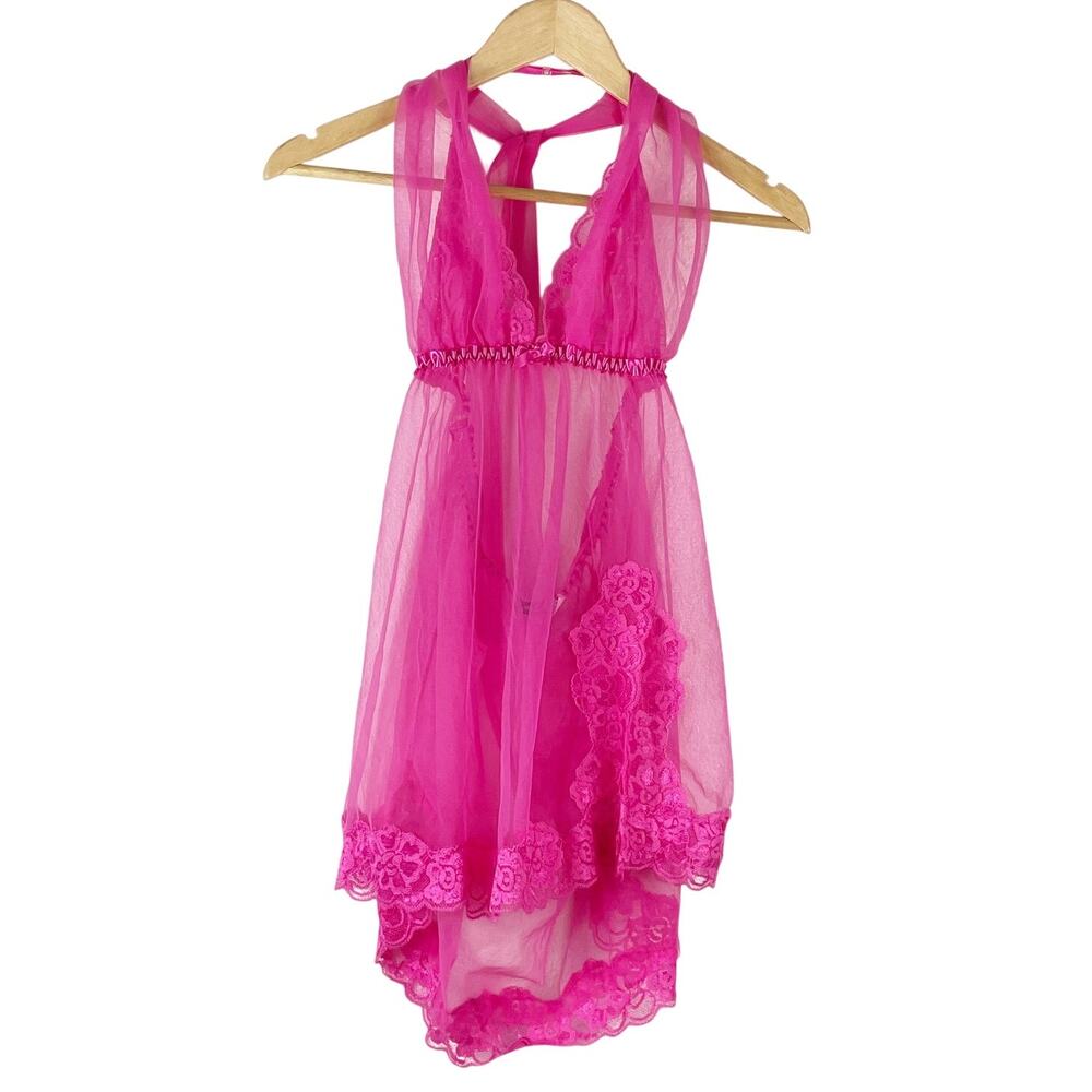 Frederick's of Hollywood NEW Barbie Pink Nighty w Thong Size Large Sheer Halter